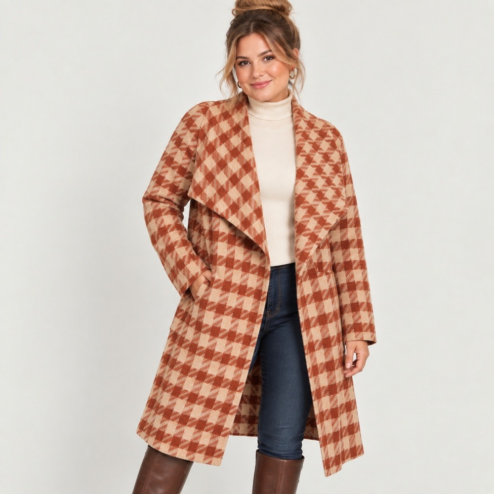 BB Dakota Women L Houndstooth Plaid Duster Cardigan Draped Coat Old Money Preppy